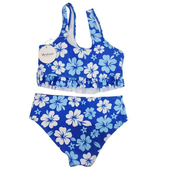 Girls Blue Floral Two-Piece Swimsuit With Ruffle Detail Size 12 - Picture 2 of 6